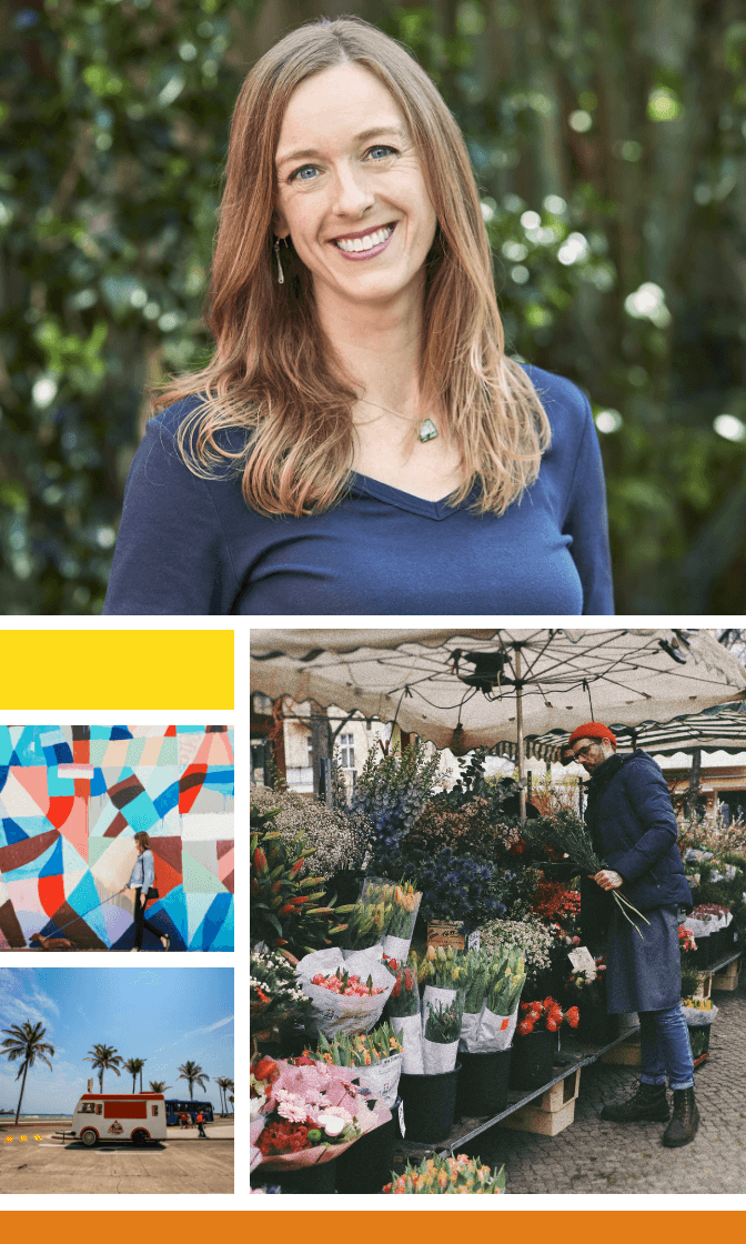 Headshot of Renee, feature writer and content editor, collaged with street photography of people walking next to murals, food trucks and palm trees and a man buying flowers at a market