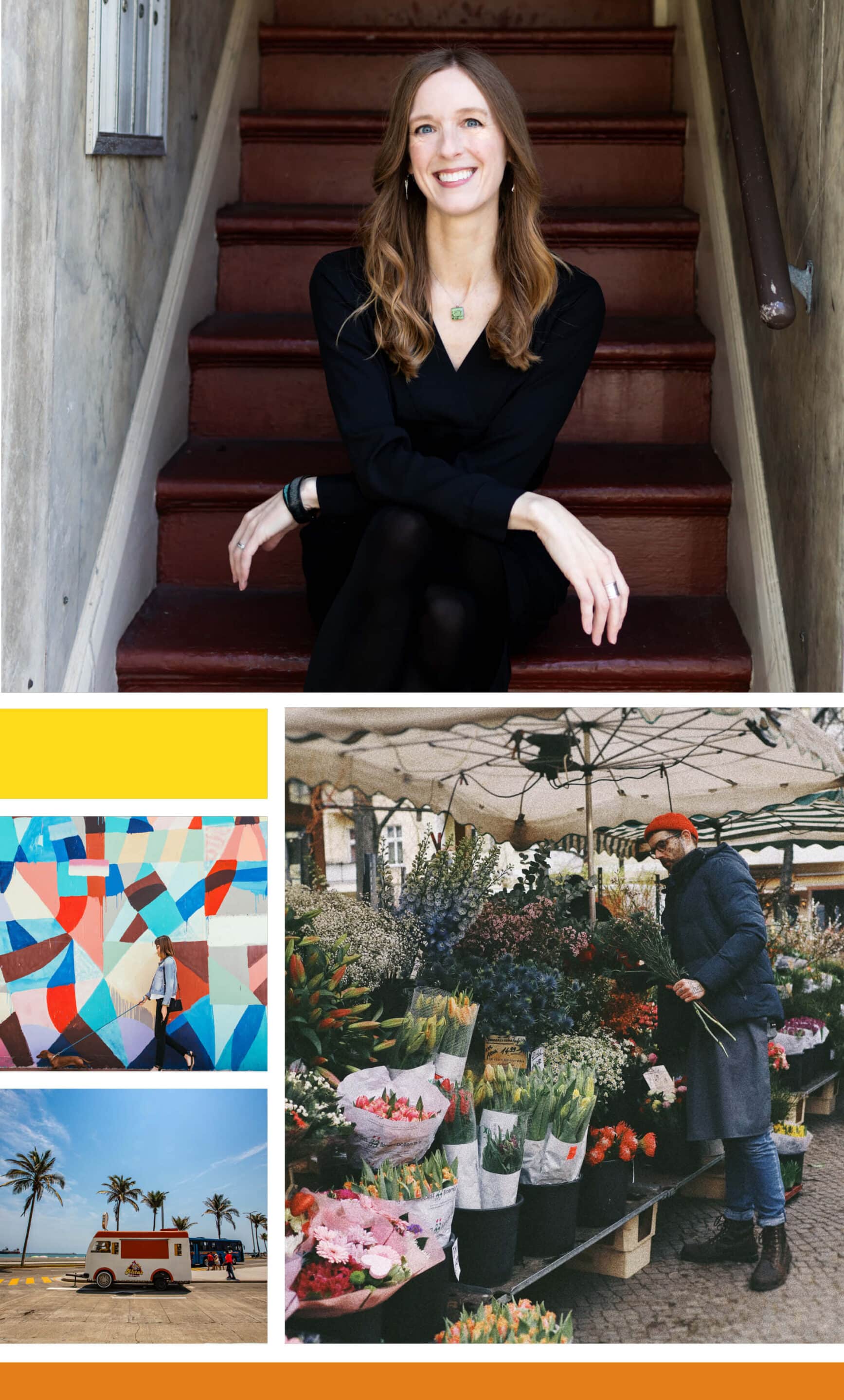 Headshot of Renee, feature writer and content editor, sitting on stairs collaged with street photography of people walking next to murals, food trucks and palm trees and a man buying flowers at a market